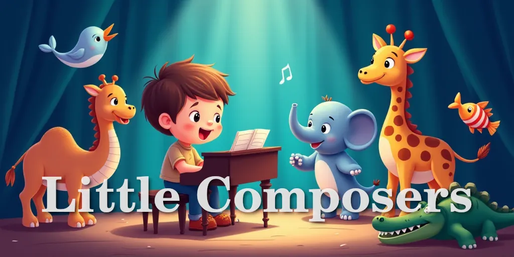 Banner for "Little Composers" showcasing the best free piano app for kids, featuring colorful graphics and engaging imagery to attract young users.