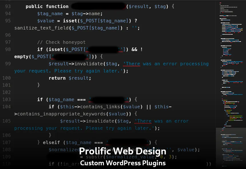 Screenshot of PHP code in Visual Studio, showcasing custom development for WordPress plugins and web applications.